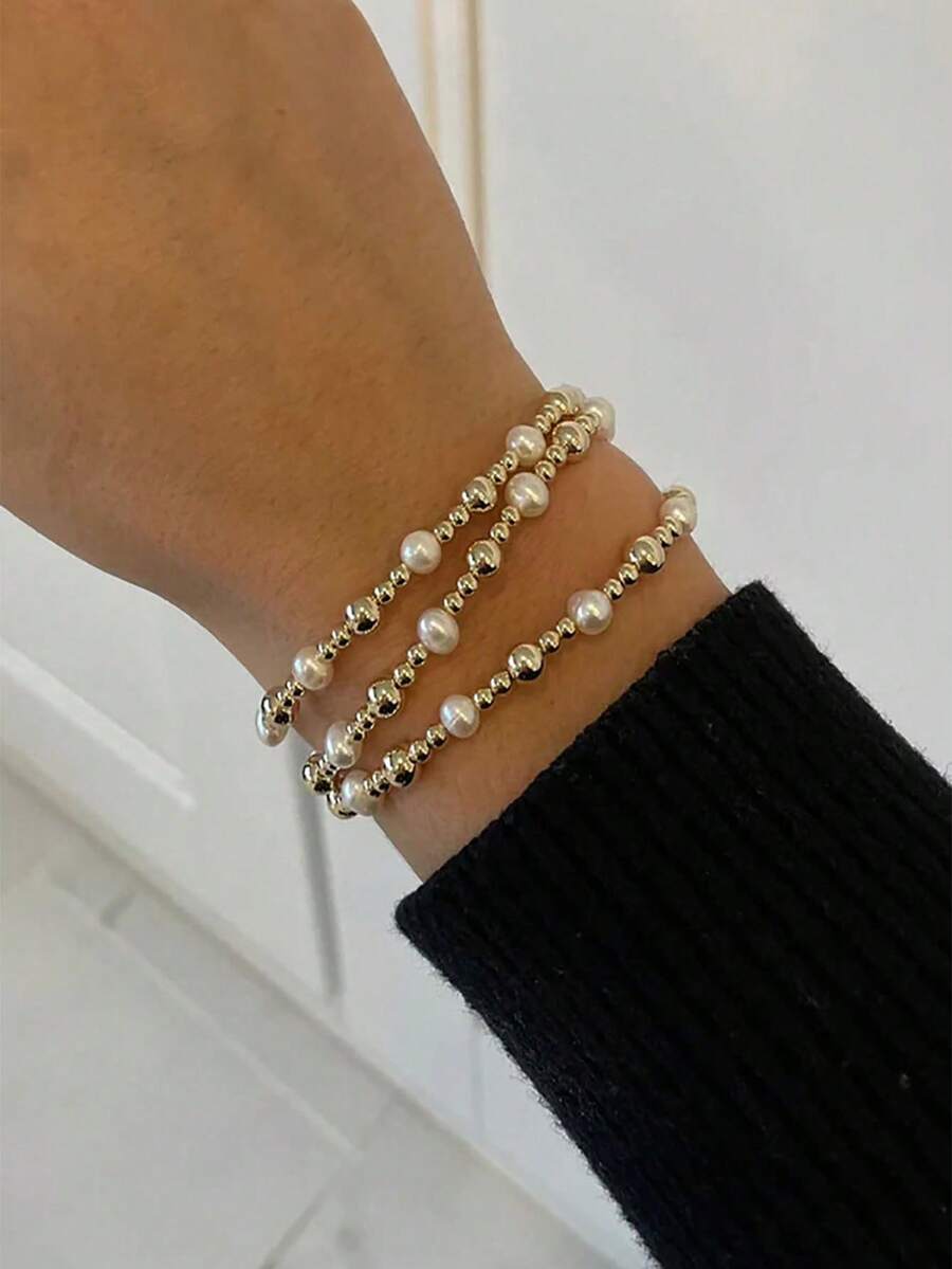 3/4/5/6/7/15 件套堆叠金手链，适合女士和女孩，混合珠形珍珠手链配镀金弹性珠球手链套装，每日惊喜礼物珠宝