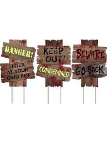3pcs/Set Halloween Wooden Yard Signs, Danger Keep Away Warning Stakes, Outdoor Garden Horror Theme Party Decorations - Multicolor - View 8
