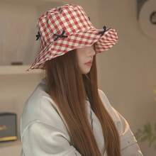 1PC Bucket Hats For Woman Checkered Bow Beach Sun Hat Suitable For Women Outdoor Protective Foldable - Multicolor - View 8