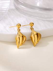 1Pair Stainless Steel Conch Stud Earrings For Women Gold Color Marine Life Style Conch Earring Summer Vacation Christmas Jewelry Gift - Multicolor - View 3