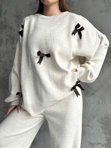 Women Casual Heart Pattern Round Neck Long Sleeve Pullover Top And Long Pants Set, Embroidery Design - White - View 4