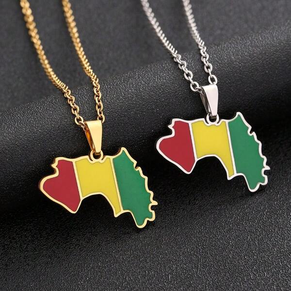 Ciondolo in acciaio inossidabile a forma di mappa della Guinea con bandiera guineana, collana di moda