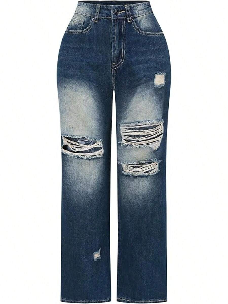 THUNDER Womens High Waisted Wide Leg Jeans Stretchy Distressed Pants - N Blue - View 1