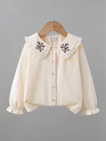 Kleine Mädchen Blumen Stickerei Peter Pan Kragen Langarm Bluse, Schulanfang Saison