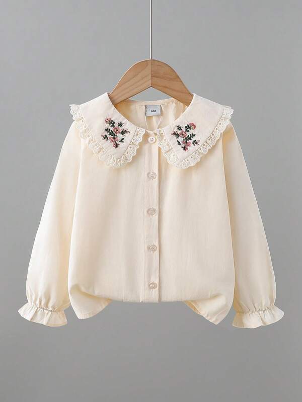 Chemise à manches longues avec col de poupée à broderie florale pour jeune fille, idéale pour la rentrée scolaire