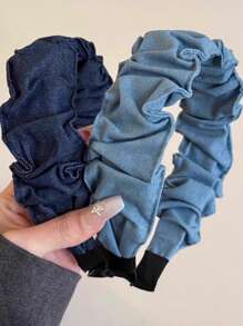2 peças Headbands de Denim Plissados de Borda Larga de Cor Sólida e Elegante para Mulheres, Acessórios Versáteis de Coroa Alta, Adequados para Decorar Penteados, Passeios Diários, Estilo Boêmio, Elegante, Faixa de Cabelo para Mulheres, Acessórios de Cabelo, Tiara de Cabelo