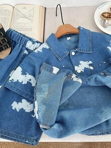 Kleinkind Jungen Outfit mit Spritzer Farbdruck Jeans, Neuer Sommer Kurzarm T-Shirt und Shorts Set, Modische Jacke und Hose - Blau - Übersicht 6