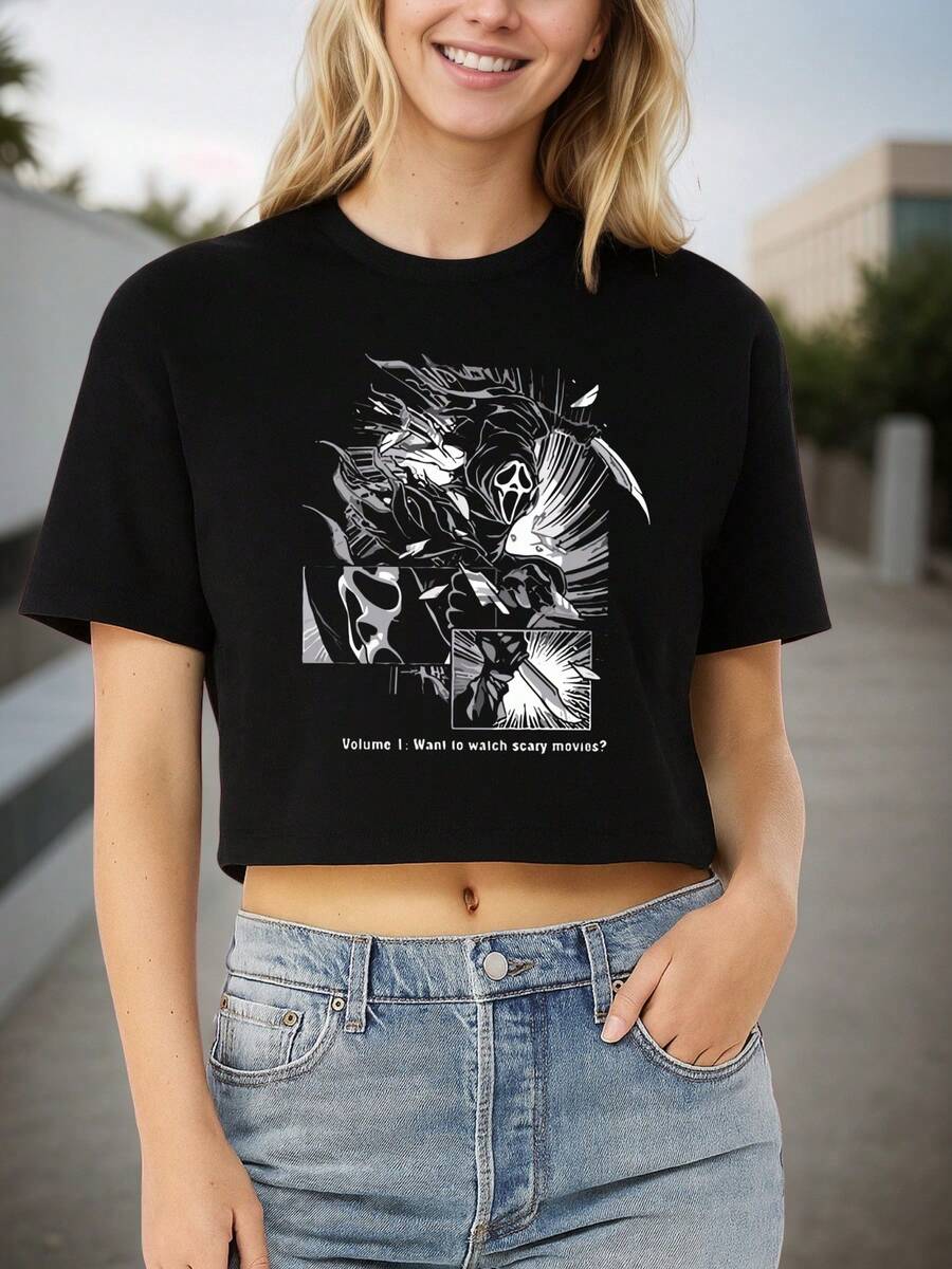 Women's Ghostface Scream Crop Tee Shirt Exposed Navel T-Shirt , Women's New Summer Casual Crew Neck Pure Cotton Short-Sleeved T-Shirt(1 PC) - 黑色 - 查看 1