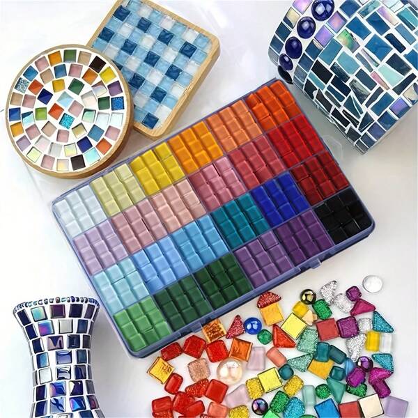 1,100 Pieces Glass Mosaic Tile Set, 24 Colors Square, Handmade DIY Craft Supplies, Mosaic Sticker, DIY Craft Material