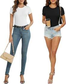 TVKSOM 5 Pack Body Suits Womens Short Sleeve Round Neck Casual Stretchy Basic Shirt Bodysuit Tops - Blue - View 5