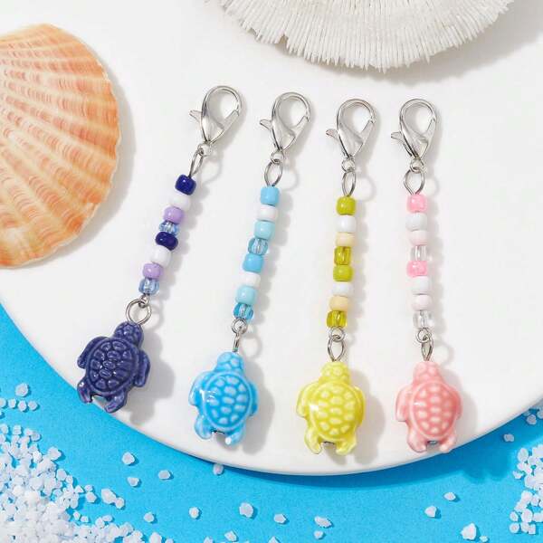 4pcs/Set Ocean Themed 4Pcs 4 Colors Handmade Porcelain Pendant Decorations, With Glass Seed Beads And Zinc Alloy Lobster Claw Clasps, Tortoise, Mixed Color, 73mm,For Necklace Jewelry Or Car Key Bag Ornament Making Supplies