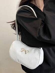 Solid Color Luxury Lightweight Bow Decor Zipper Shoulder Bag, White Bag - White - View 6