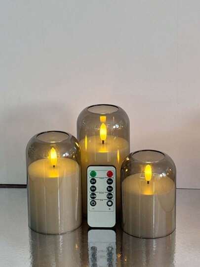 3-Piece Flameless LED Candle Set (With Remote Control) Battery Powered Flickering Pillar Candles With 3D Wick Design For Wedding, Holiday, Garden, Party Home Decor - Gray