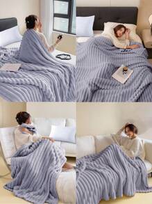 1 Pieza 180*220CM Manta De Matrimonial Tiro De Piel Sintética De Conejo Con Cortes A Rayas Anchas,Manta Suave De Doble Cara Para Cama O Sofá,Informal Para La Siesta En La Oficina