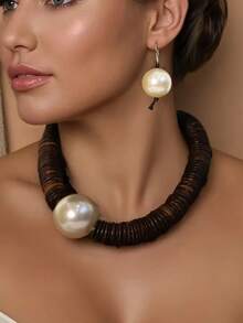 Retro grünes Harz Halsketten- und Ohrringe Set, übertriebene Perlen-Choker-Halskette & Ohrringe aus Kunstperlen