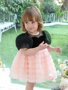 Baby Girls Bow Back Puff Sleeve Tulle Party Princess Dress, Suitable For Baby's 1st Birthday, Wedding, Party, Holiday Celebration - Pink - View 8