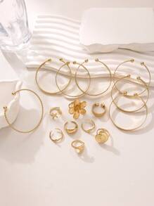 8 Stücke Ringe + 7 Stücke Armbänder - Vintage minimalistische stapelbare verstellbare offene Bangle Armbänder, delikater Blumen-, Linien-, geometrischer Ringset, Boho-Stil Schmuckset für Frauen, geeignet für Alltag, Party, Urlaub und Bankette, ideales Schmuckgeschenk für Frauen