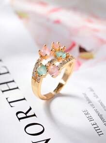 1pc 18K Gold Plated Fashion Cat's Eye Gemstone Ring,Pink And Green Crystals Open End Adjustable Ring,Summer Beach Vacation Accessory,Suitable For Women's Daily Wear,Wedding,Dating,Party,Holiday,Valentine's Day Gift,Fine Jewelry Gift.