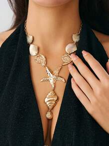 1pc Boho Style Metal Ocean Theme Seashell, Starfish Pendant Y-Necklace, Women's Daily And Beach Vacation Decoration, Party Jewelry