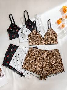3 Sets Women Plus Size Comfortable Solid, Leopard Print, Heart & Cherry Decor Lingerie Set - Multicolor - View 4