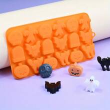 1pc Halloween Silicone Chocolate Moulds, 18 Cavity Pumpkin, Cat, Ghost, Bat, Skull, Tombstone Shapes Baking Molds For DIY Fondant, Chocolate, Candy, Jelly, Pastry Cake Decorating Tools, Soap, Candle Mold