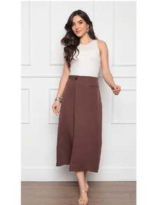 W167 Women's Midi Skirt Side Detail Fake Pocket Zipper Back Simple Sexy Polyester Skirt Beach Evening Holiday Wedding Sports Office All - Marrom - 查看 1