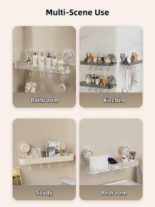 1pc Rectangular Storage Rack - Bathroom Organizer, Large Capacity, Wall-Mounted Suction Cup Installation, Transparent Bathroom Shelf With Hooks & Drainage Holes, Summer Bathroom Essential, Suitable For Bathroom, Kitchen, Study, Dressing Table - Multicolor - View 3