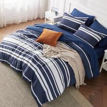 Queen Comforter Set 7 Pieces, Navy Striped Bedding Set For Queen Size Bed Reversible, Cationic Dyeing Bed In A Bag With Comforter, Sheets, Pillowcases & Shams - 亮橙色 - 查看 1