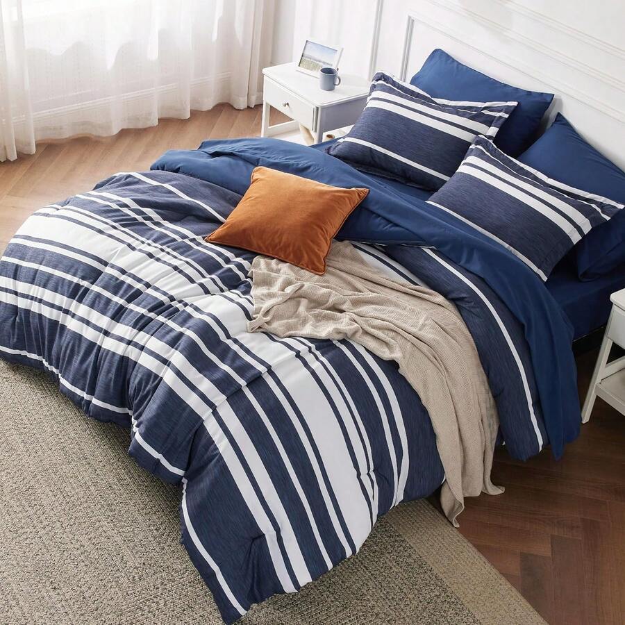 Queen Comforter Set 7 Pieces, Navy Striped Bedding Set For Queen Size Bed Reversible, Cationic Dyeing Bed In A Bag With Comforter, Sheets, Pillowcases & Shams - 亮橙色 - 查看 1