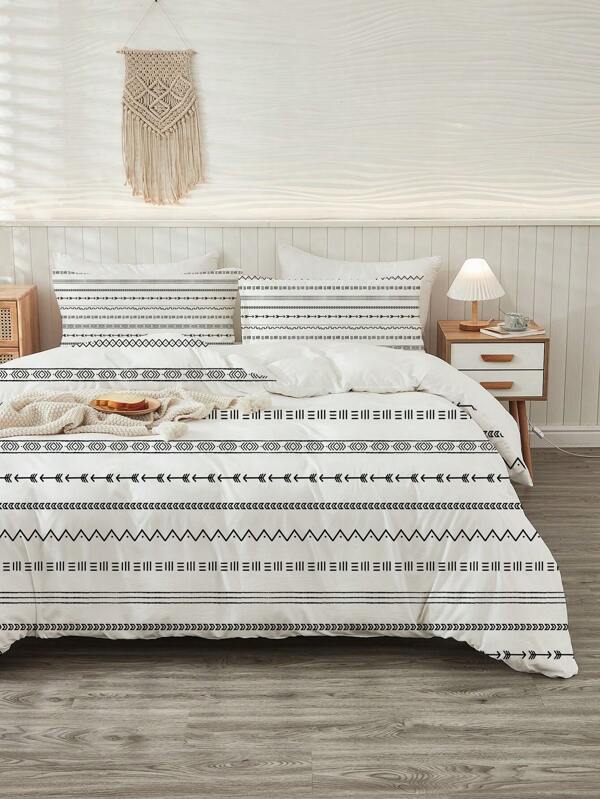 3PCS Set Modern Minimalist Geometric Striped Duvet Cover (1*Duvet Cover + 2*Pillow Shams, Comforter Not Included), Soft & Comfortable Bedding Set For Bedroom, Guest Room, All Season