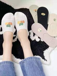 5 Pares (Cores Aleatórias) Meias Invisíveis de Silicone Respiráveis Estilo Japonês com Desenhos de Vegetais de Verão, Meias Finas e Baixas Doces para Mulheres