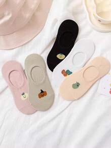 5 Pares (Cores Aleatórias) Meias Invisíveis de Silicone Respiráveis Estilo Japonês com Desenhos de Vegetais de Verão, Meias Finas e Baixas Doces para Mulheres