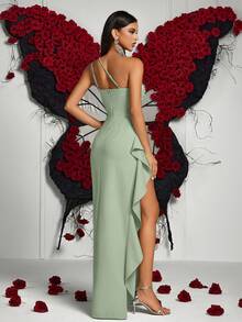 ADYCE Women's Elegant One Shoulder Vintage Flowing Ruffled Front Split Thigh Cocktail Party Long Dress For Ball And Evening Date Night Wedding Guest, For Dinner,Graduation Dress - Green - View 2