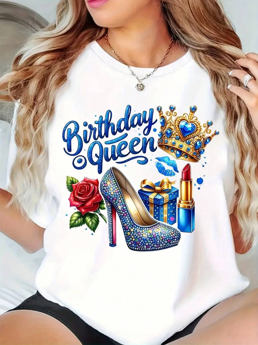 Plus Size Women's Vibrant Birthday Queen Graphic Print Tshirt, Happy Birthday Celebration T-Shirt Fashion High Heel & Crown Design Crew Neck T-Shirt, Playful It's My Birthday Graphic Tee Short Sleeve,  Brithday Party Top - 白色 - 查看 1