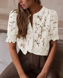 Womens 2025 Spring Lace Tops Short Puff Sleeve Casual Dressy Blouses Eyelet Crew Neck Button Down Shirts - Yellow - View 4