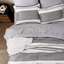 Queen Comforter Set 7 Pieces, Frost Grey Striped Bedding Set For Queen Size Bed Reversible, Cationic Dyeing Bed In A Bag With Comforter, Sheets, Pillowcases & Shams - Grey - View 5