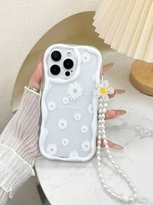 Flower Chrysanthemum Painted Cream Wavy Edge Bracelet Attached Phone Case Compatible With Iphone 14/14 Pro Max, IPhone 13/13 Pro Max, IPhone 12/12 Pro Max, IPhone 11/11 Pro/11 Pro Max, IPhone XS/XR/X/8/7, Galaxy S24/S25, A14/A15/A16/A26 Waterproof Shockproof Anti-Fall Scratch Resistant