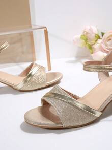 1 Pair Girl's And Teenage Girls' 5cm Chunky Heel Open Toe Sandals With Metallic T-Strap And Buckle Closure, Solid Color, Luxury Fashion Casual/Party/Wedding/Vacation/School/Office, Suitable For Indoor And Outdoor, Spring And Summer 2025 New Arrival - Gold - View 6
