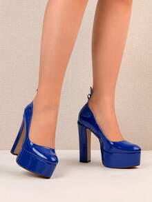 Talons compensés enrobé brillant à super plate-forme haute et talon épais, talons hauts amincissants et rehaussants pour femmes - Bleu azur - Voir 9