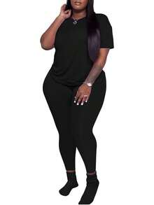Women's Plus Size 2 Piece Outfits Tracksuits Short Sve Top Pants Sets Sweatsuits - 黑色 - 查看 2