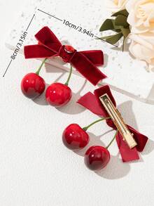 2 件优雅可爱的樱桃水果发夹，适合日常、学校、度假 - 紅色 - 查看 5