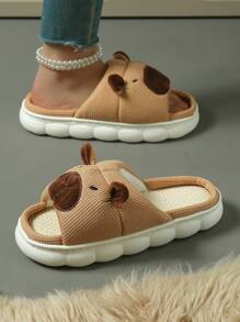 Cute Bear Shape EVA Linen Slippers, Thick Non-Slip Sole, Comfortable Indoor Slippers, Cartoon Bear Design Linen Slippers With Thick Non-Slip Sole, Breathable And Comfortable For Home Use