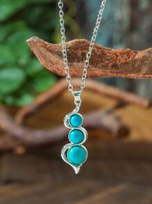 TopHanqi Set de 3 piezas de joyas retro: Pendientes colgantes de plata falsa con turquesa vintage, collar con colgante geométrico en forma de calabaza, accesorio versátil para uso diario, fiestas, ir al trabajo, idea de regalo para todas las estaciones