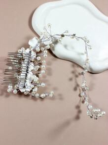 1 pieza Diadema con flor blanca y perlas para mujer/niño, peineta con rosa, accesorio vintage elegante y versátil