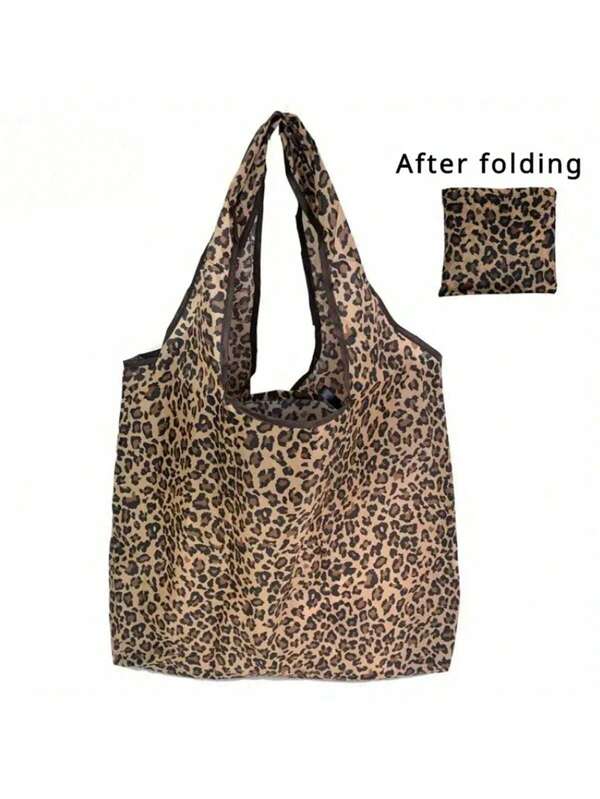 1 Borsa da shopping pieghevole di grande capacità con stampa leopardata - realizzata in poliestere durevole, riutilizzabile e portatile, adatta per la spesa, la conservazione di indumenti, i viaggi e i regali.