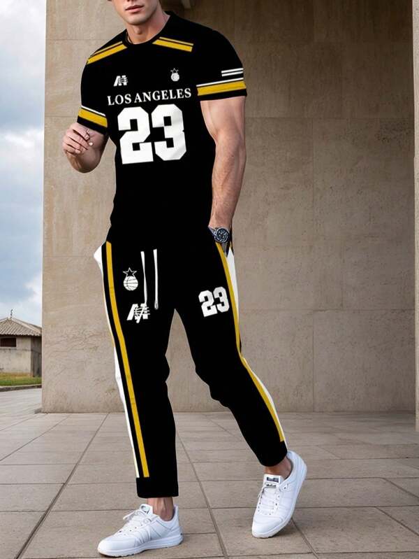 Conjunto informal de 2 piezas para hombre de camiseta de manga corta con estampado del número 23 y pantalones, con estilo deportivo