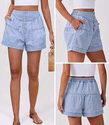 ANRABESS Women's Shorts Summer Baggy High Waisted Flowy Wide Leg Buttons Pleated Casual Jean Shorts 2025 Fashion Skorts - 淺藍色 - 查看 6