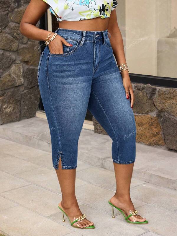 Plus Size Women's Straight Leg Jeans, Solid Color Denim Fabric With Pockets And Button Zipper
