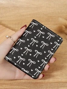 Ví mini màu hồng họa tiết nơ và trái tim, ví đựng thẻ thời trang tối giản, mỏng nhẹ, dễ mang theo, có thể đựng tiền mặt, chứng minh thư, thẻ tín dụng, tiền xu, thích hợp làm quà sinh nhật, quà kỷ niệm cho người yêu, phụ nữ, bé gái, thanh thiếu niên, sinh viên đại học, nam giới. - màu đen - Xem 2