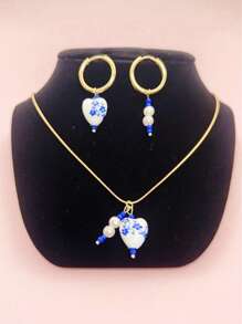 3pcs/Set Fashion Blue And White Porcelain Heart Shaped Stainless Steel Necklace Faux Pearl Earrings The Suit Is Suitable For Girls To Wear On A Daily Basis Vacation Atmosphere Gift